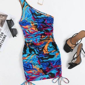 SHEIN One Shoulder Drawstring Graphic Dress